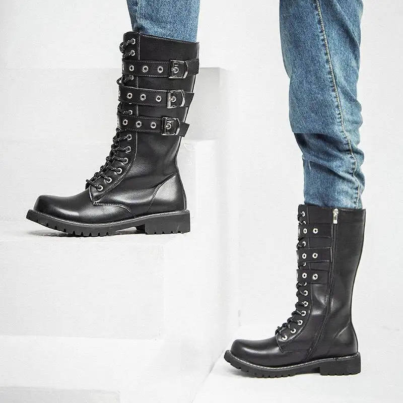 

ERRFC Designer Fashion Forward Men Mid Calf Boots Black 3 Buckle Strap Long Boots Man Ridding Boots Trending Leisure Shoes 38-45