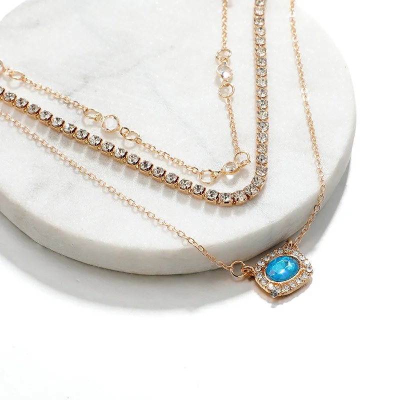 

Charm Women Necklace Blue Oval Natural Stone Pendant Necklace Gold Color Mosaic Crystal Chain Clavicle Necklace Engagement Gift