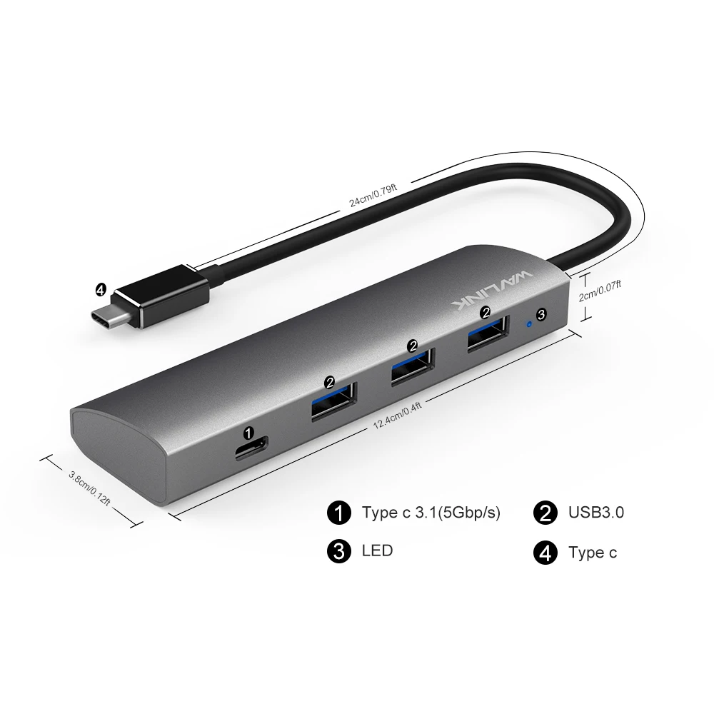 Wavlink USB 3,1 type C 4 порта концентратор адаптер высокая скорость 5 Гбит/с алюминий несколько USB-C концентратор для Windows Mac OS Android 5,0 более поздняя версия