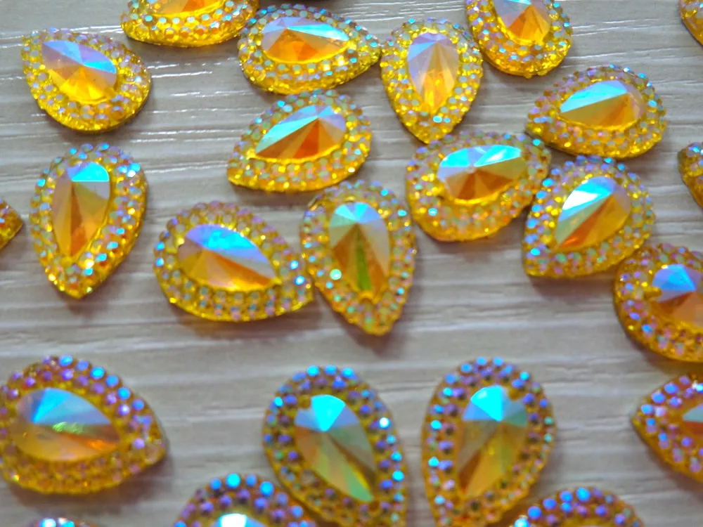 Золотисто-желтые кристаллы AB цвета в форме капли воды пришивные стразы 10*14 мм
