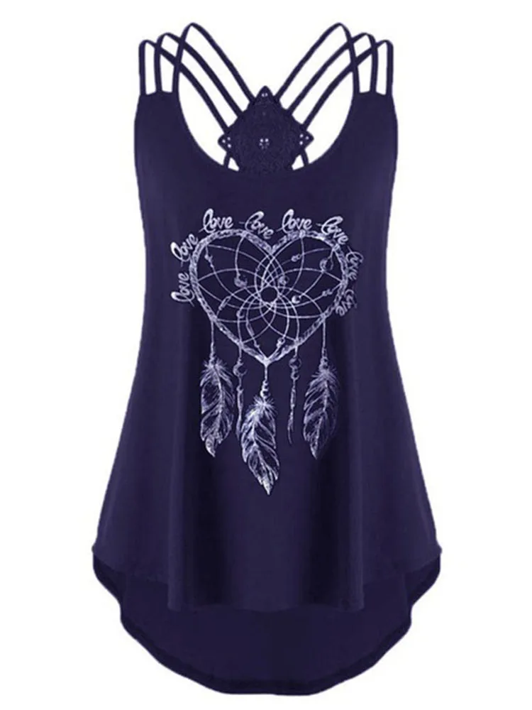 Женская Кружевная футболка на бретельках Однотонная без рукавов с принтом