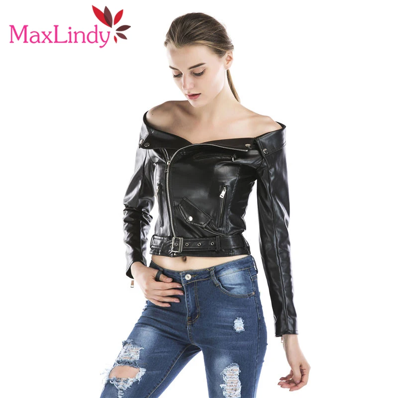 MaxLindy Искусственная кожа куртка Для Женщин Осенние пикантные с открытыми плечами