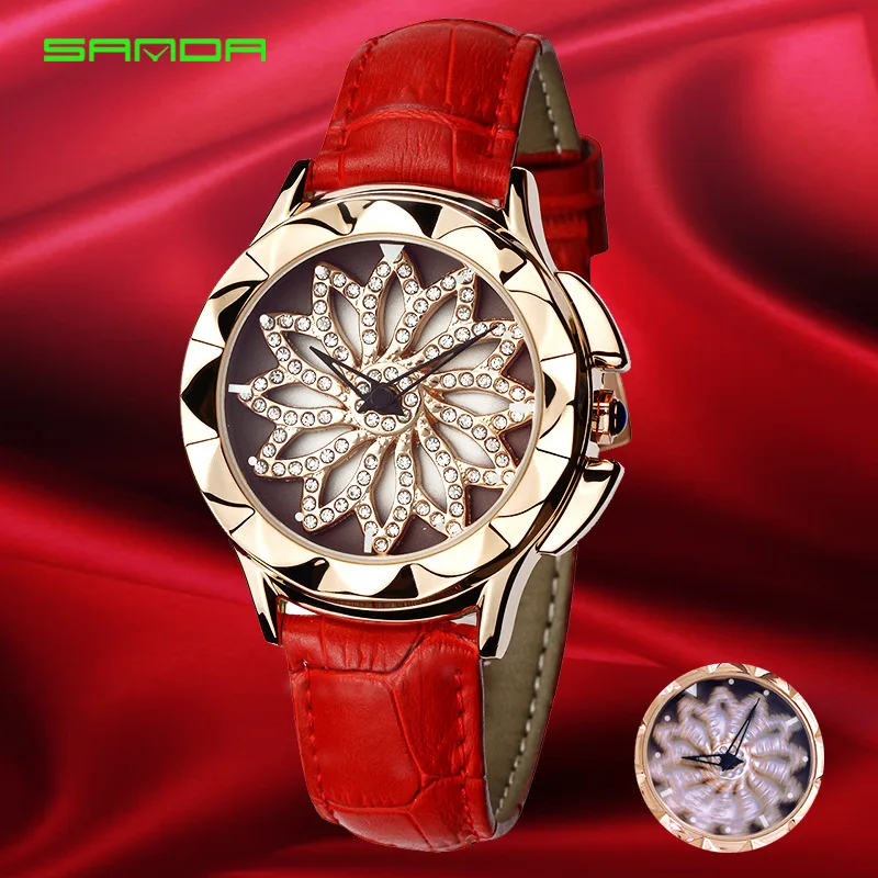 

SANDA Luxury Women Watches Ladies Fashion Diamond Jewelry Wristwatch Female Creative Rotate Dial Leather Clock Reloj Mujer Saat
