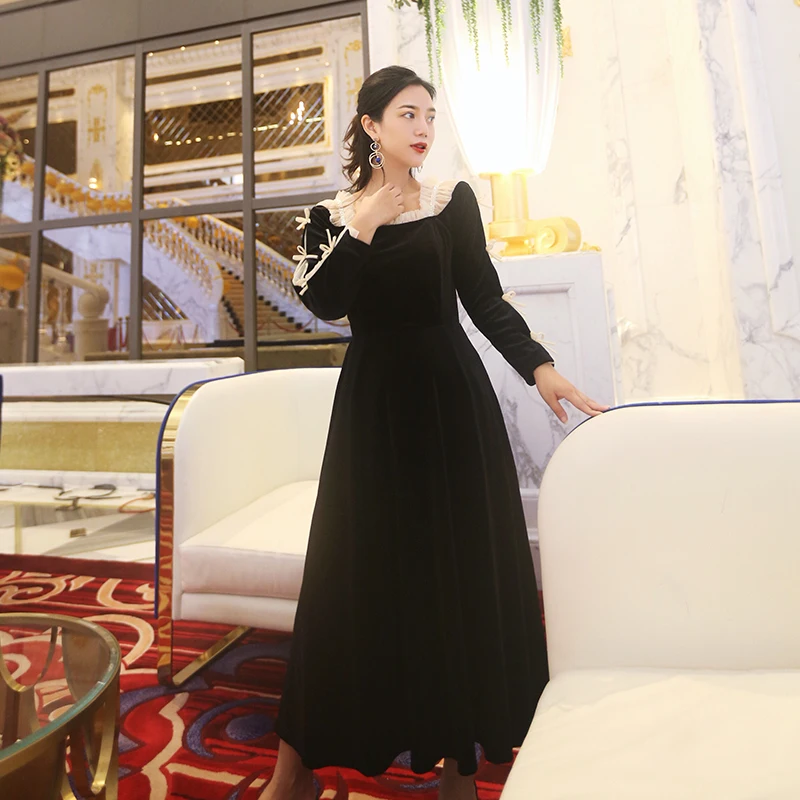 

New spring dress court retro velvet lace black shoulder name Yuanyuan dress fashion mid long
