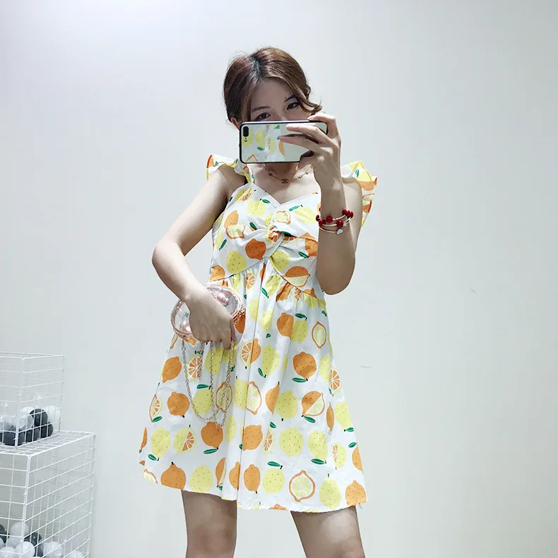 ALPHALMODA 2019 летнее Новое Хлопковое платье с фруктовым принтом узелками праздничное