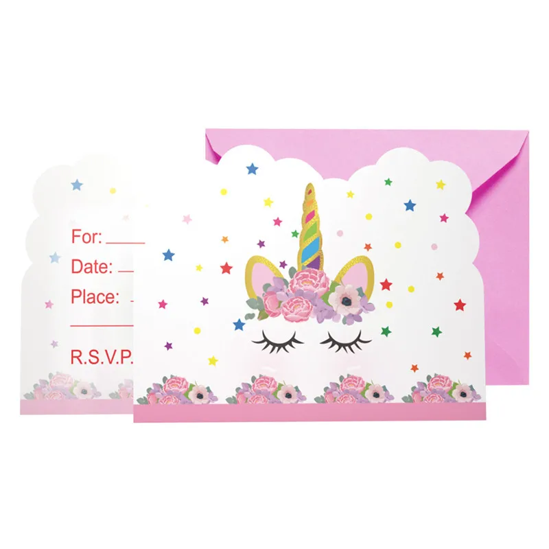 

6pcs/lot Cartoon Unicorn Theme Birthday Party Invitation Cards Children Pink Wedding Invitations Girl Baby Shower Party Supplies