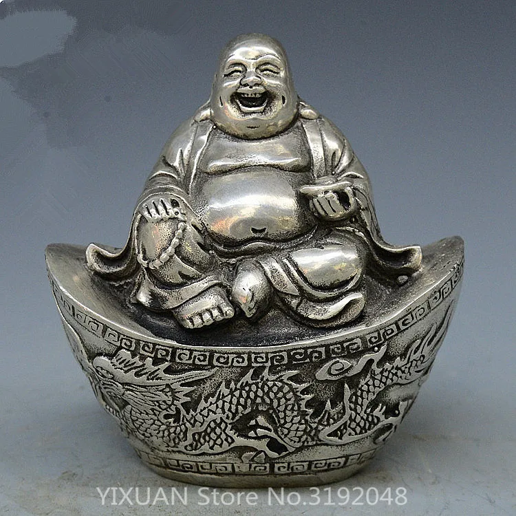 

Chinese Buddhism miao Silver Happy Laugh Maitreya Buddha fengshui Yuanbao Wealth Statue metal handicraft.