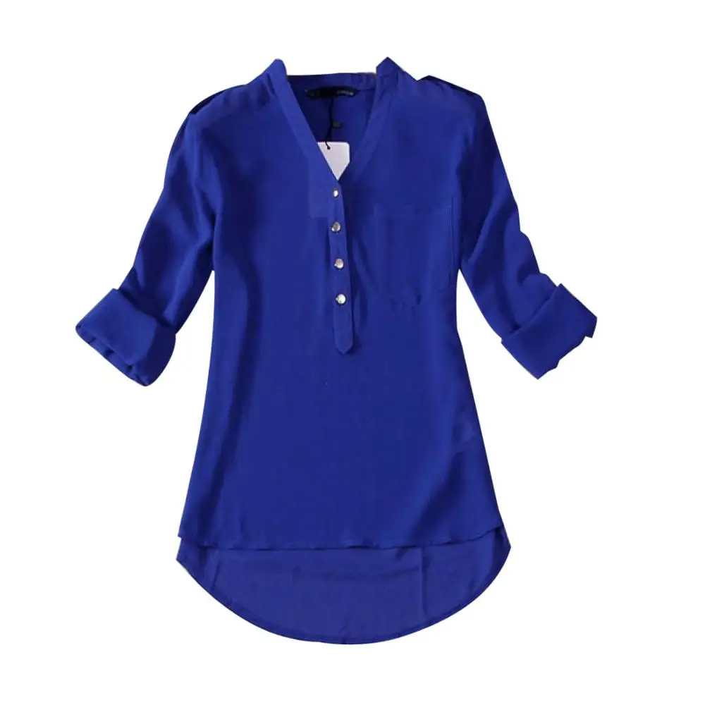 Белая рубашка Chemise Femme, женская летняя шифоновая рубашка с v-образным вырезом и длинным рукавом, однотонные повседневные рубашки с карманами, топы, блузки, одежда, Camisas Mujer