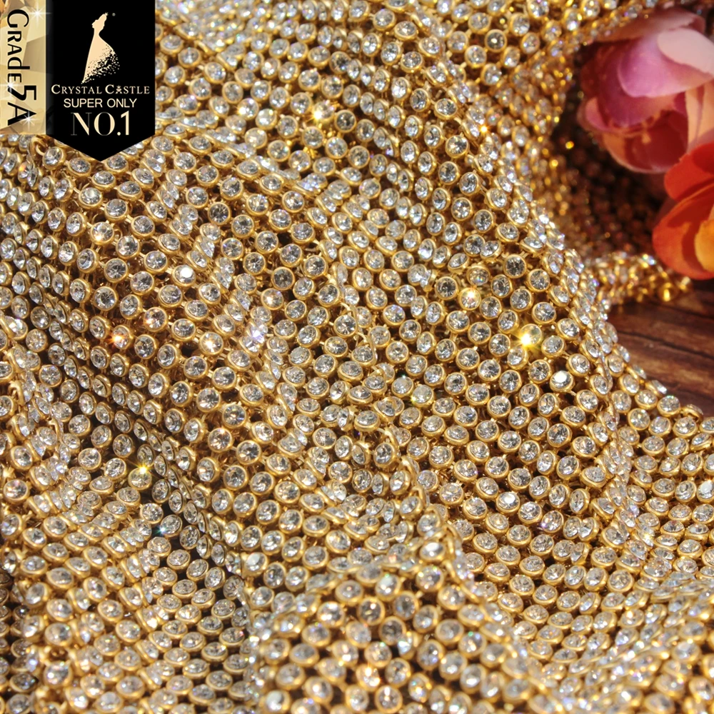 

Crystal Castle Rhinestone Fabric SS8.5-SS9 Sparkle Strass Net Metal Mesh Clothes Crystal Textile Non-Hotfix Rhinestones Sheet
