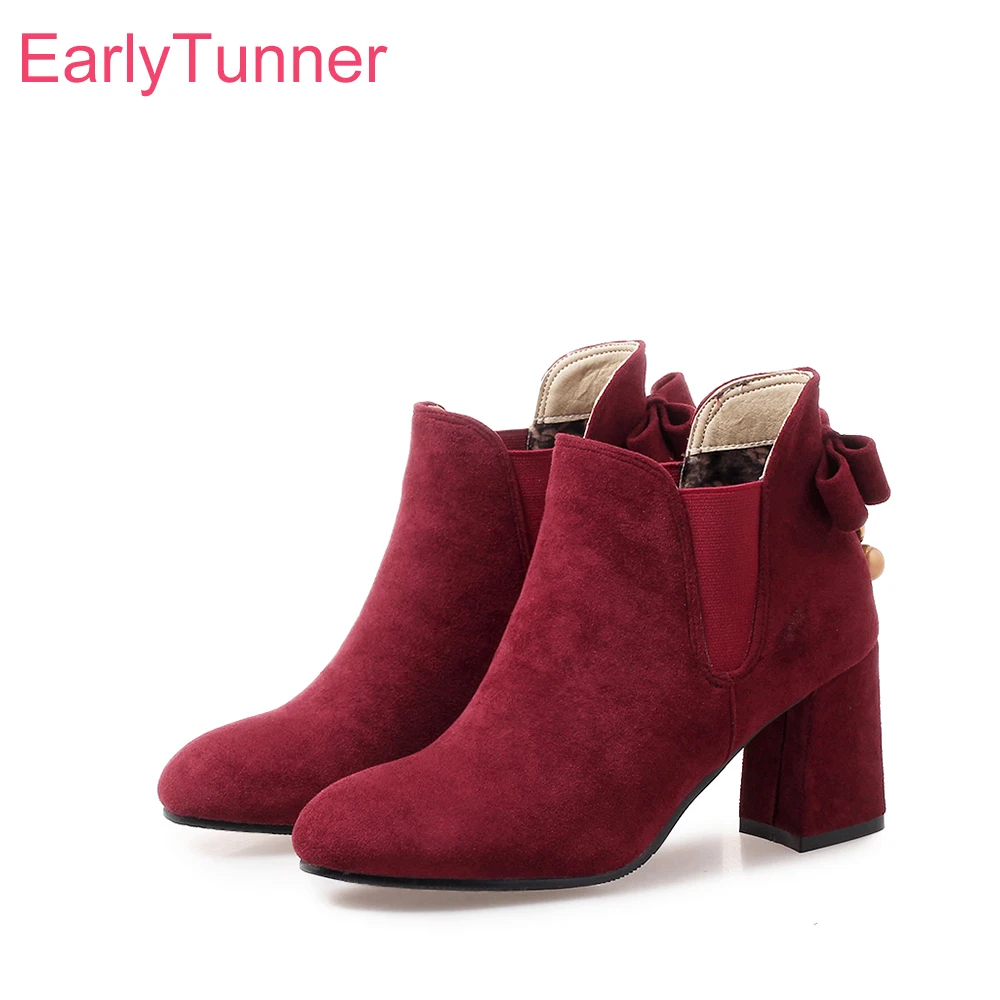 

Brand New Winter Fashion Red Apricot Women Ankle Dress Boots OL Lady Nude Shoes Chunky Heel ES718 Plus Big Size 10 32 43 46