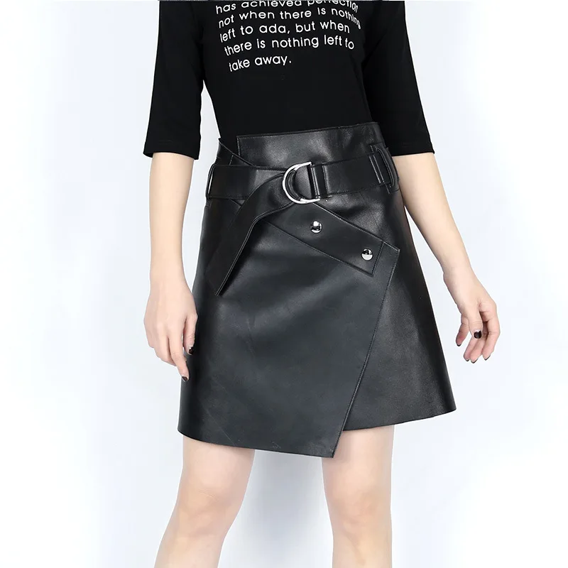 RYS9314 Winter Female 100% Real Leather Short Skirt Women Mujer Metal Belt Diagonal Buckle Irregular Hem Jupe Punk Mini Saia