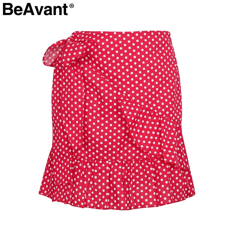 Red Dot BeAvant Повседневная клетчатая Женская юбка в горошек с цветочным принтом, мини-юбка с оборками, Женская сексуальная пляжная короткая юбка с высокой талией, лето - Цвет: Red Dot