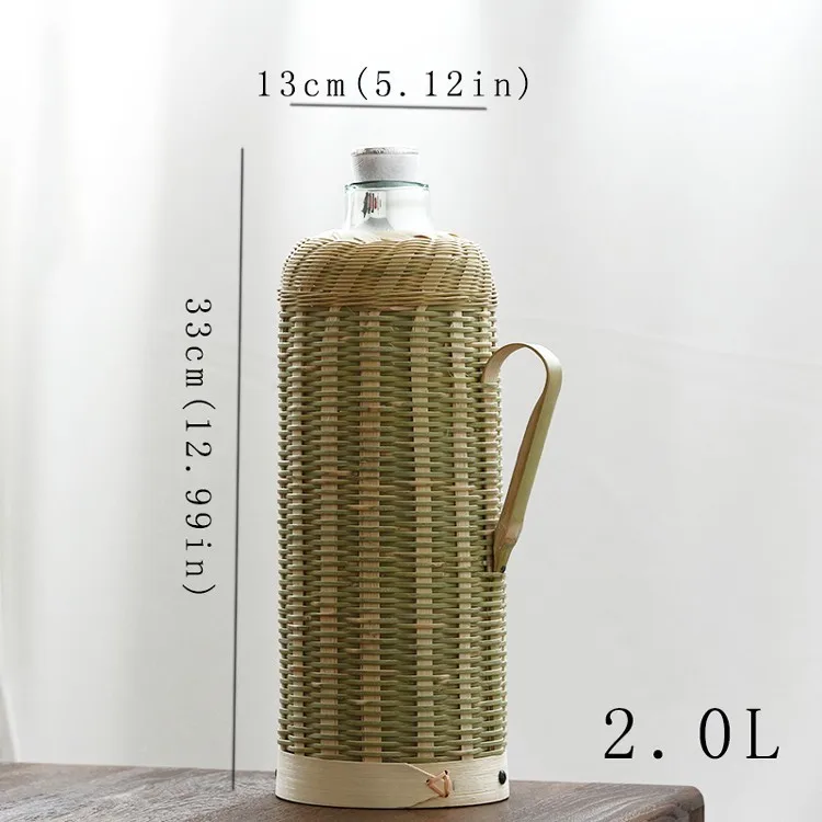 green2L Handmade Bamboo Weaving Thermos Pot Bottle For Water With Cork Lid Cover And Handgrip Vacuum Flask Keep Warm Glass Inner Large - Цвет: green2L