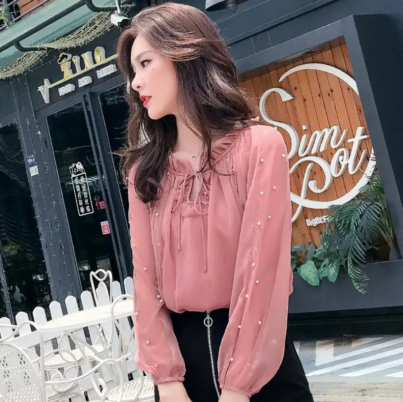 2019 Весенние Новые корейские модные женские топы шифоновые рубашки сетчатые