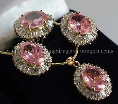 

Women's gift Jewelry word Zircon Natural Fine Latest Faceted Pink Zircon Crystal Earrings / Ring / Necklace Pendant Set