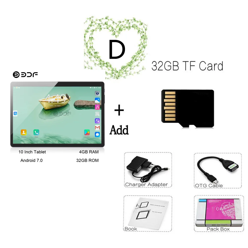Add 32G TF Card BDF, 10 дюймов, Android 7,0, планшет, четыре ядра, Bluetooth, wifi, Sim, 3G, телефон, планшеты, мобильный, 4 ГБ/64 ГБ, планшетный ПК, маленький компьютер, 7, 8, 9 дюймов - Комплект: Add 32G TF Card