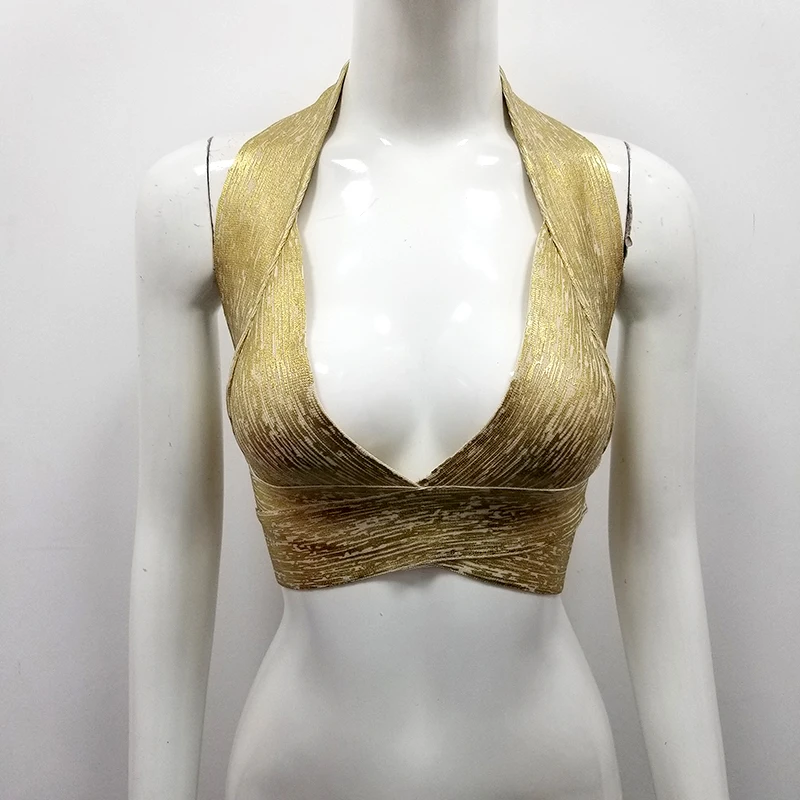 Женский топ с v образным вырезом золотистая Облегающая майка бретелькой через