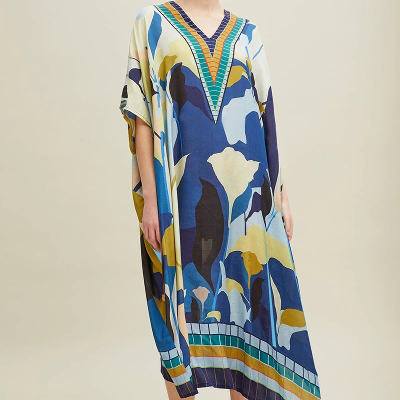 Размера плюс с принтом длинное пляжное платье Robe de хлопковый кафтан пляжные