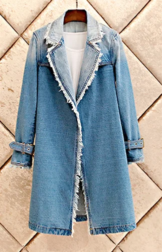 

Casual Denim Trench Coat Women 2020 Autumn Winter Korean Vintage Frayed Tassel Notched Collar Long Jeans Blazer With Belt 5209
