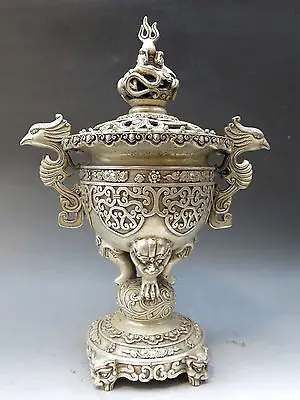 13 &quotКитай Серебро ручная работа резной Феникс сенсер Дракон благовония горелка