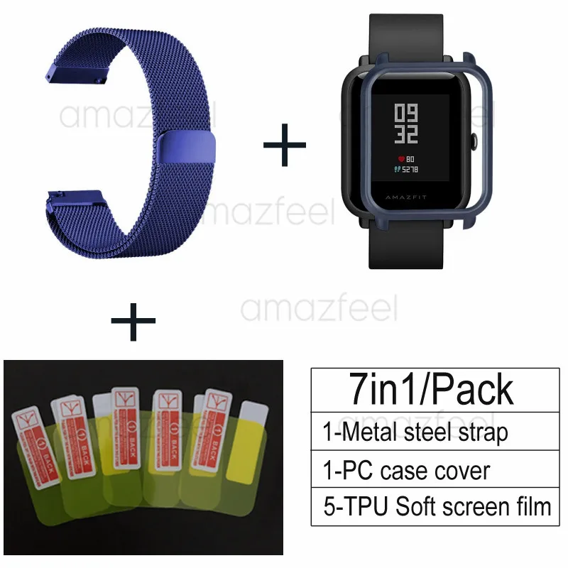 blue-blue 7в1 ремешок для часов Huami Amazfit ремешок Bip из нержавеющей стали магнитный браслет для Amazfit Bip Lite чехол протектор Аксессуары - Цвет: blue-blue