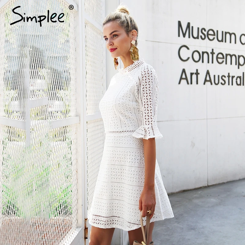 Simplee хлопок выдалбливают кружевное платье для женщин Элегантный рюшами миди