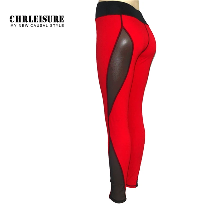 CHRLEISURE сексуальные сетчатые Лоскутные женские леггинсы, полиэстер, красные, черные, по щиколотку, джеггинсы, пуш-ап, для тренировок, женские леггинсы