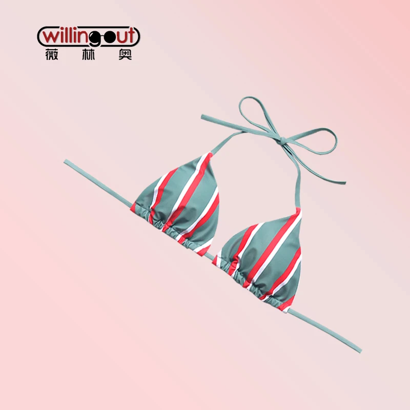 Зеленый цвет полосатый купальник Холтер шея Женский комплект бикини бантик