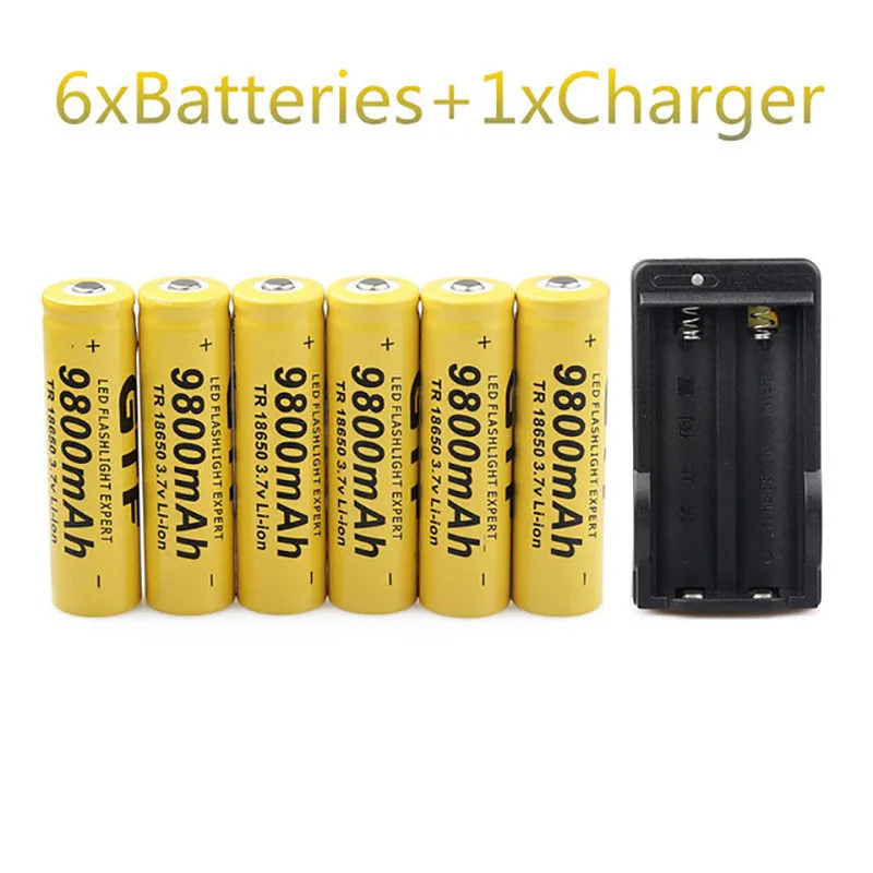 GTF 6 шт 3 7 V 18650 батареи 9800 mAh литий ионная аккумуляторная батарея для фонарика + EU/US