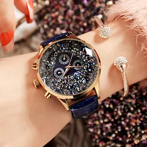 Часы наручные женские кварцевые со стразами, изысканные роскошные модные с кожаным ремешком
