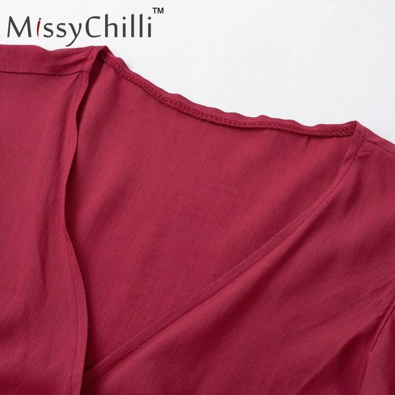 MissyChilli с оборками и бантом, v-образный вырез, плюс размер, женский укороченный топ, красный тонкий бандаж, Осенний топ на бретелях, женский зеленый Фитнес, повседневный Топ, футболка на бретельках