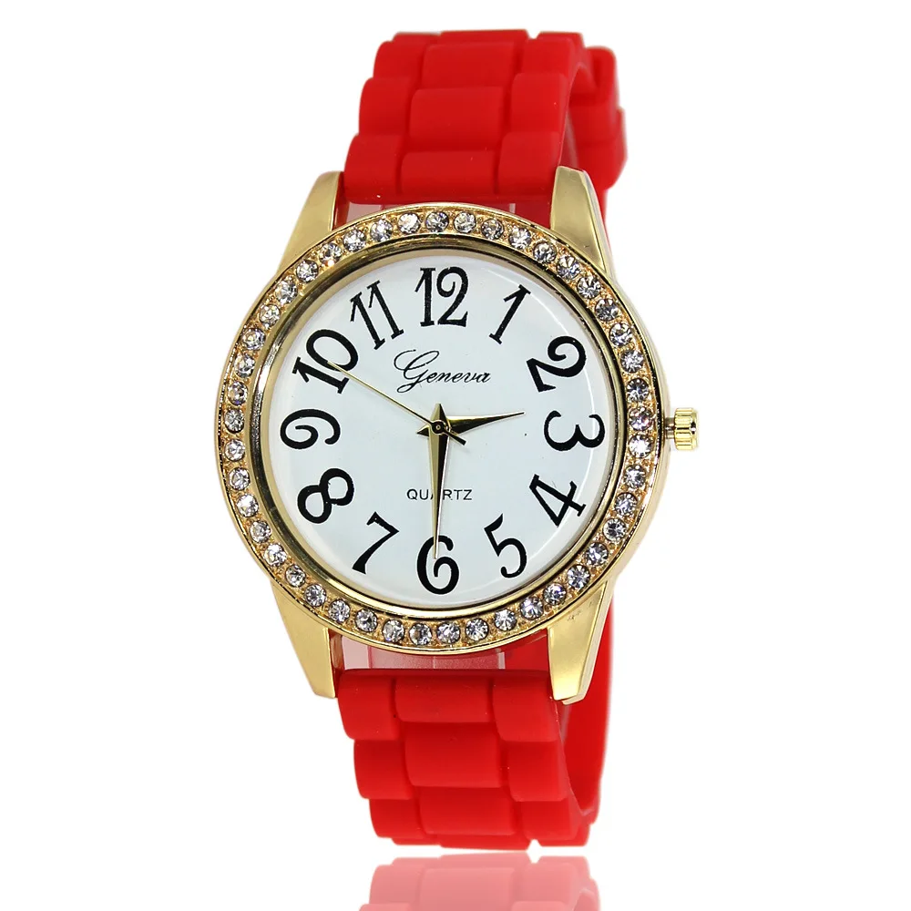 Модные силиконовые часы ярких цветов женские кварцевые с кристаллами