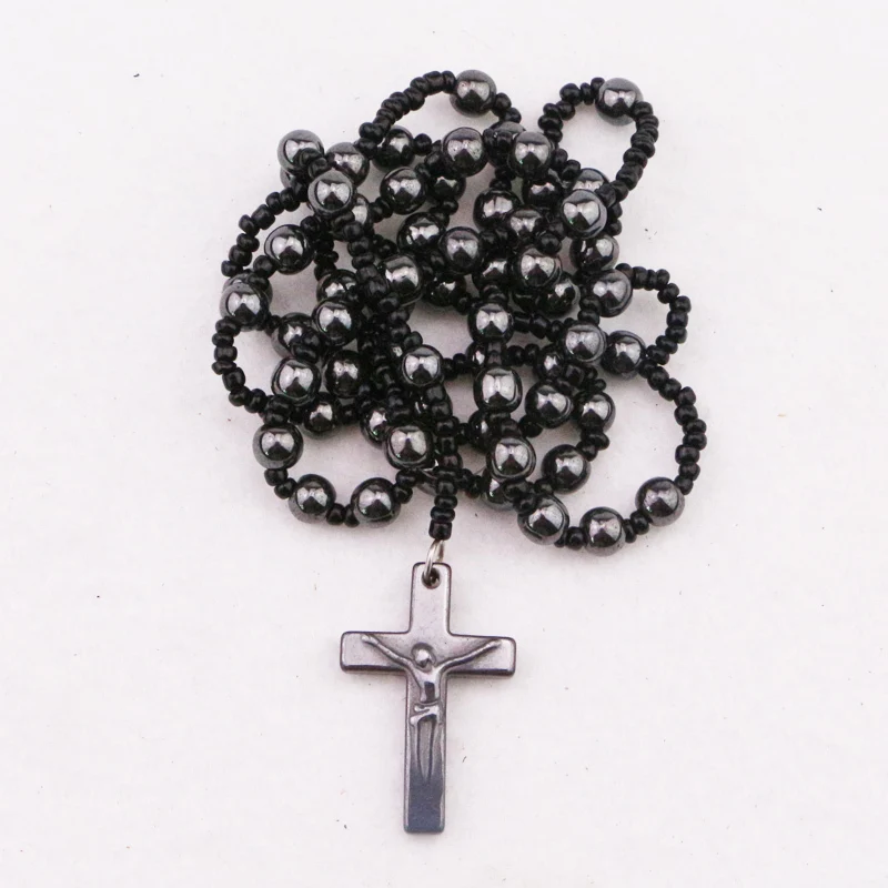 

Mens Beckham Cross Pendant Black Hematite Bead Rosary Beads Necklace Catholic religion rosary