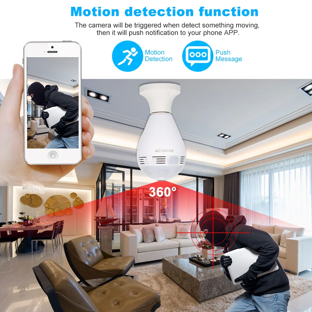 KKmoon Беспроводная 1080PH панорамная рыбий глаз WIFI 360 градусная светодиодный ная