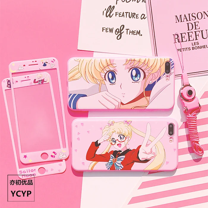 For iphone X Cute Sailor Moon Case +Tempered Glass Screen film for 7 8 8plus 6 6S plus Pink cover + Strap +Metal Gift box |