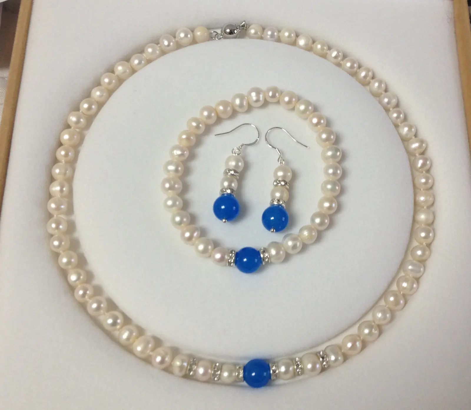 8-9MM White Akoya Cultured Pearl/Blue Jade bracelets necklace earrings set Nobox | Украшения и аксессуары