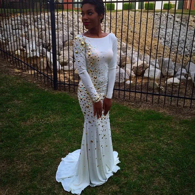 2017 Потрясающие Золото Горный Хрусталь Бисером Белый Спандекс Вечерние Платья Sexy