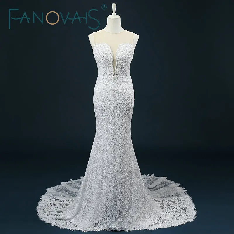 

Sheer O-neck Mermaid Wedding Dress Pearls Beadig Covered Button Lace Wedding Dresses abito da sposa rosa