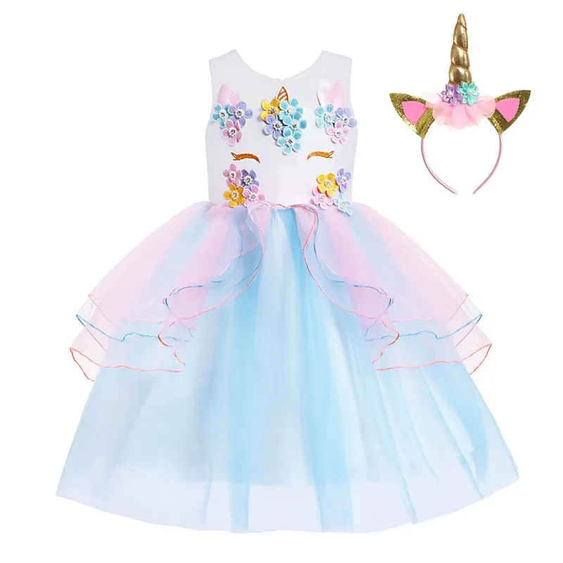 

VOGUEON Unicorn Dress Up Clothes Girl Flower Layered Dress Kids Pageant Wedding Ball Gown Children Cosplay Costume with Headband