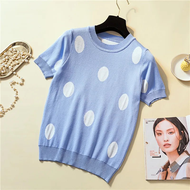 2019 Весна Лето короткий рукав обычный круглый вырез пуловеры в горошек Женские