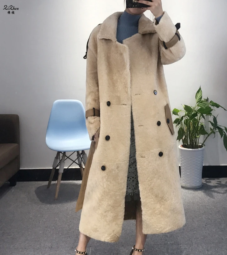 

Натуральная Шуба из овечьей шерсти, двухсторонняя шуба из овчины, зимнее женское длинное пальто с карманами на поясе размера плюс 180427-8