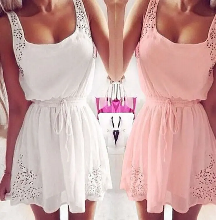 Летнее женское однотонное мини платье без рукавов майка Boho Baech Платья