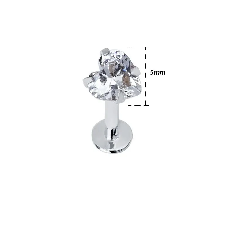 Silver 5mm Gem 1 шт., серьги-гвоздики из нержавеющей стали в форме сердца, циркония, драгоценного камня, спиральный для хряща, пирсинг, кольцо для губ, пирсинг, бижутерия, 16 г - Окраска металла: Silver 5mm Gem