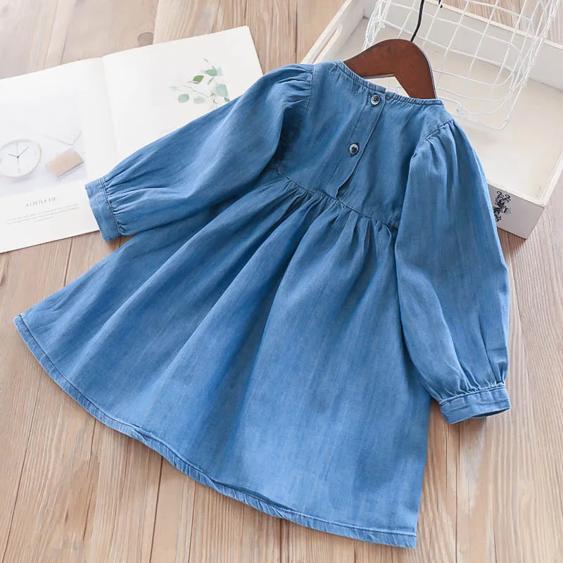 Baby Girls Embroidery Floral Vintage Denim Dress Spring Autumn Ruffles Bow Sweet Kids Clothing | Детская одежда и обувь