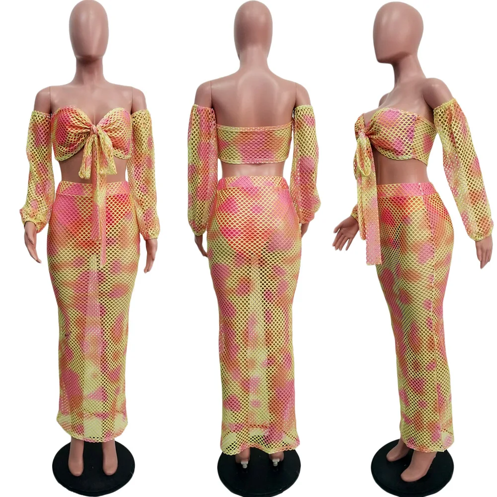 

Adogirl S-3XL Tie Dye Print Fishnet Knit Summer Beach Dress Hollow Out Two Piece Set Women Lantern Sleeve Crop Top Maxi Skirt