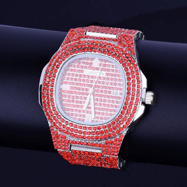 Red Hip hop Men's watch Big Dial Military Quartz Clock Luxury Rhinestone Business Waterproof wrist watches Relogio Masculino 24cm - Цвет: Red