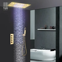 hpb wall mounted led 3 function rainfall waterfall shower faucets sets with hot and cold mixing valve gold color 008g 50x36pg k