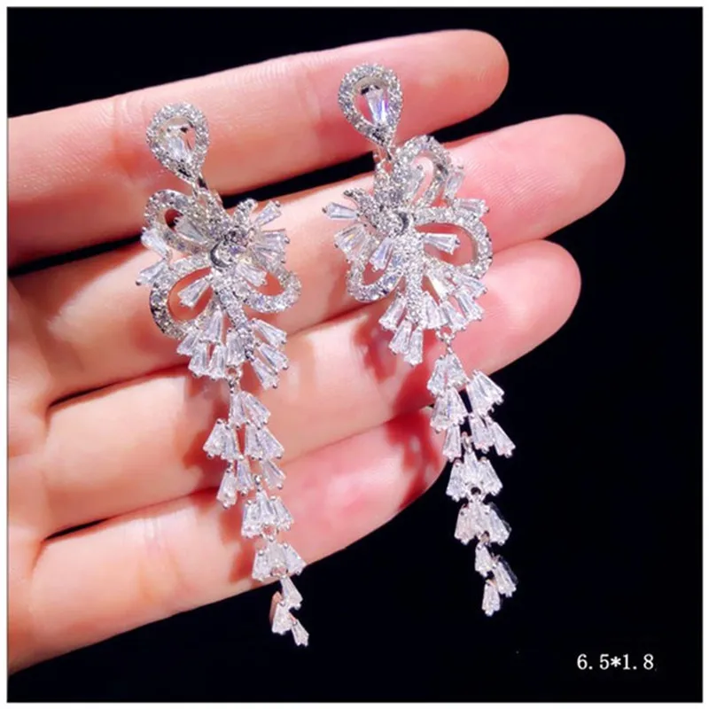 Серьги-капли для женщин, 925 серебро, кубический цирконий, хорошее ювелирное изделие, Ретро стиль, темперамент, для невесты, свадьба, без ушей, с отверстием, клипса для ушей
