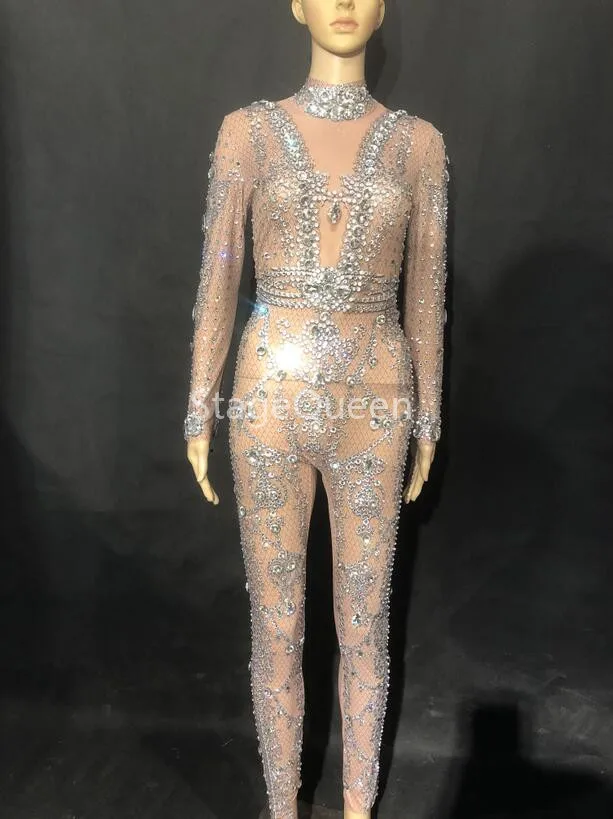 

Women Sexy Stage Net Yarn Perspective Jumpsuit Silver Glass Sparkling Crystals White Pearls Nightclub Party Stage Wear Costumes