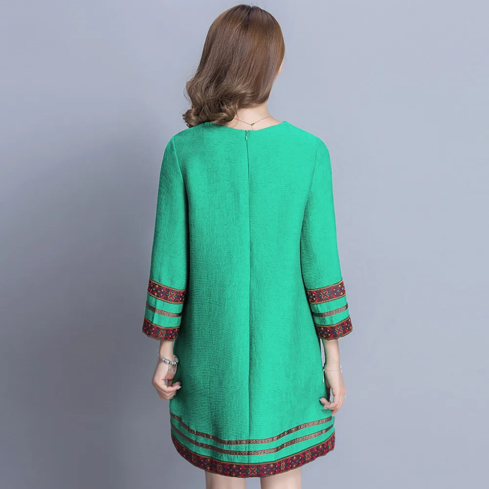 2017 тонкий плюс Размеры женщина платье с вышивкой круглым вырезом и рукавами 3/4